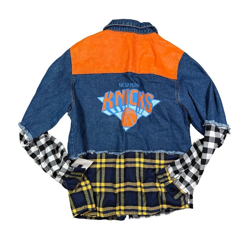 Women's Colorblock Denim & Plaid Jean Jacket - Orange/Blue - Picture 2 of 6